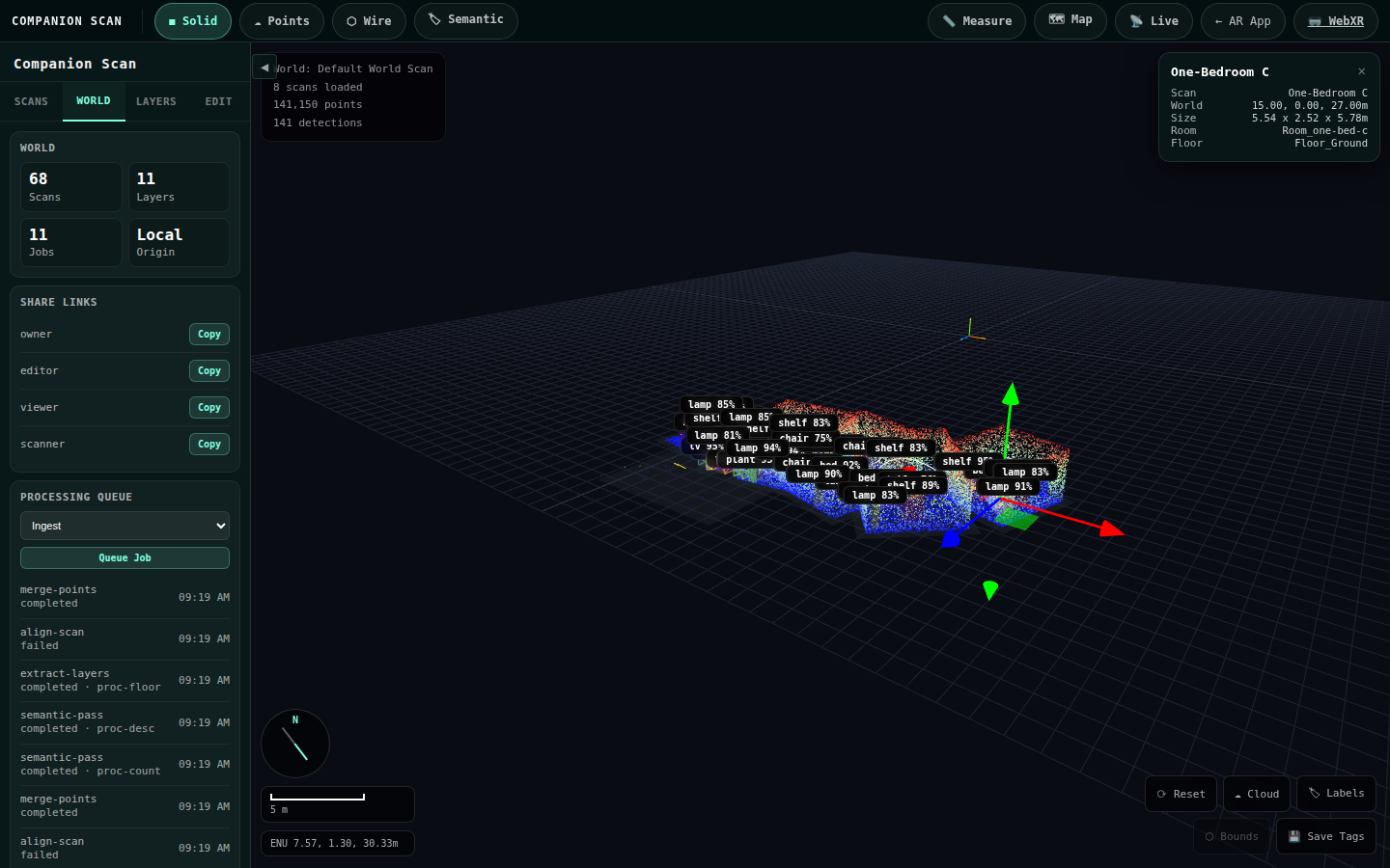World tab with stats, share links, and the processing queue
