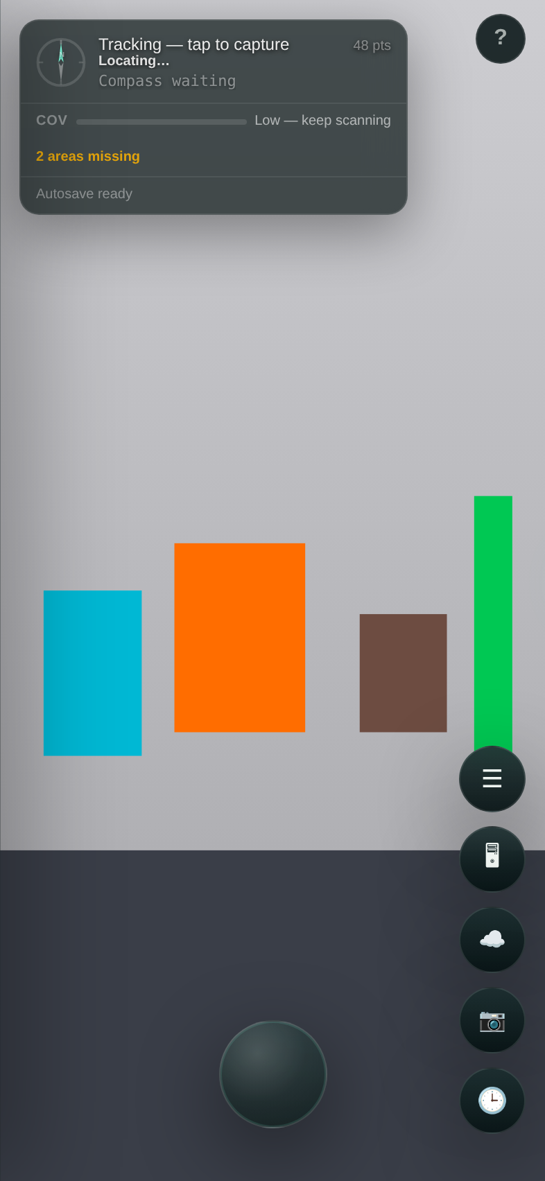 Live scanning HUD with tracking, coverage meter, and action rail
