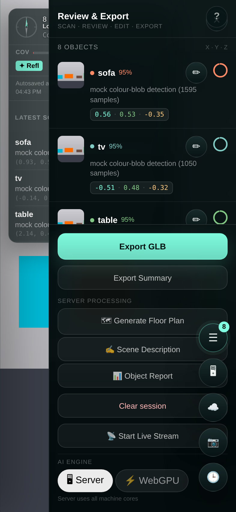 Review and Export panel with detected objects