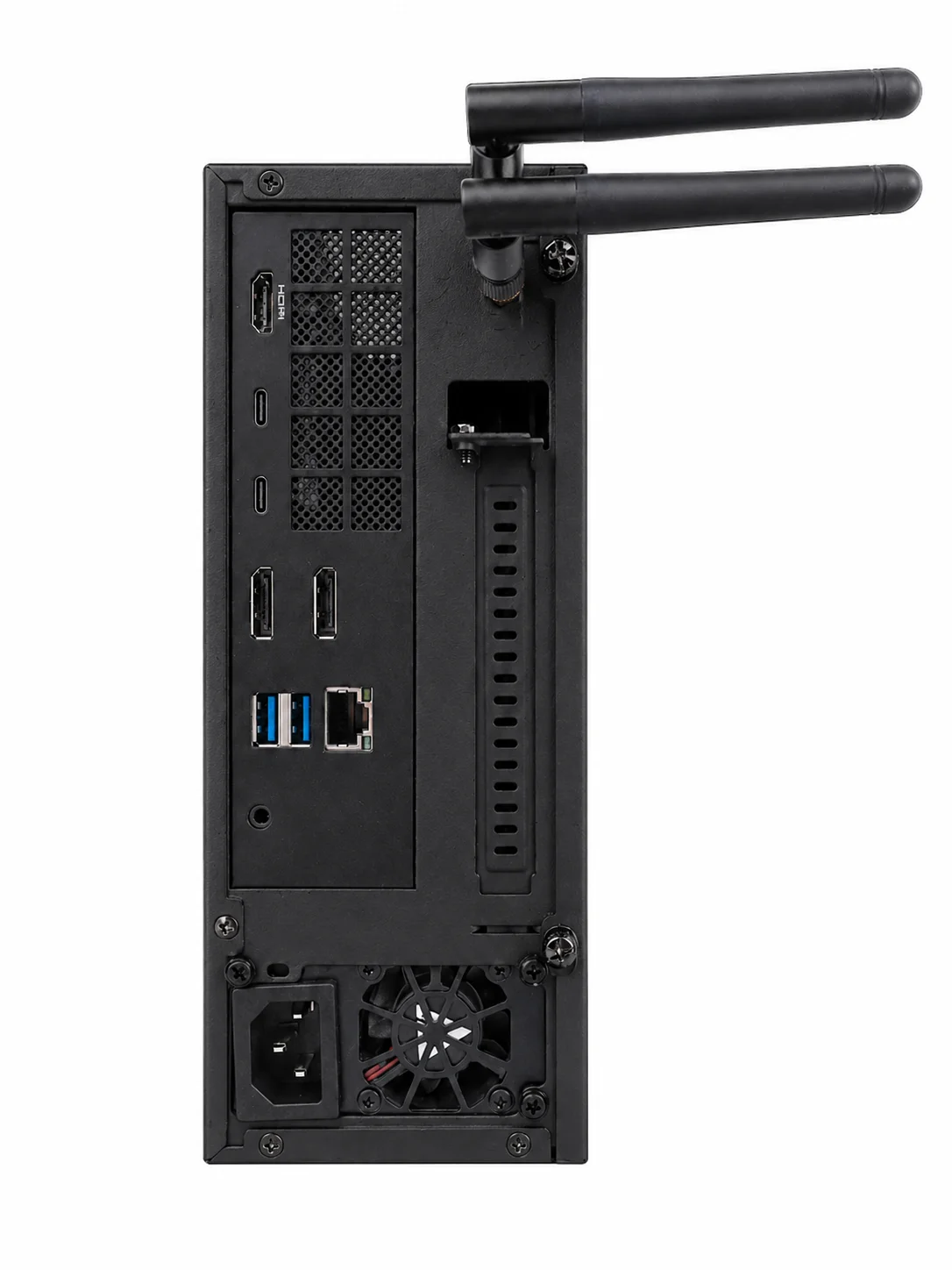 Rear panel of a black Companion Core: HDMI, two USB-C, two DisplayPort, two USB-A, and an Ethernet port, a 3.5 mm jack, the power inlet with a small fan beside it, and two antennas on top