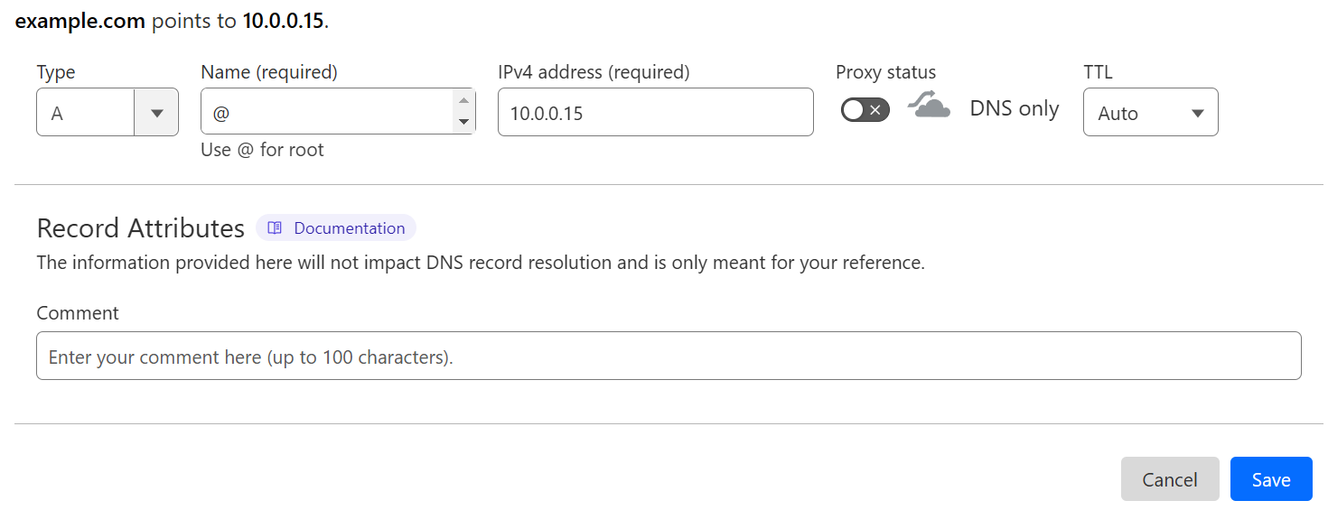 Screenshot of adding a DNS record for example.com through Cloudflare's dashboard