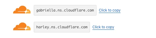 Two Cloudflare nameservers, gabriella.ns.cloudflare.com and harley.ns.cloudflare.com, each with a Click to copy link