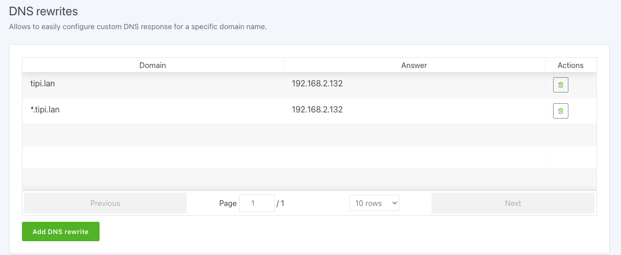 Screenshot of AdGuard Home showing the DNS rewrites section