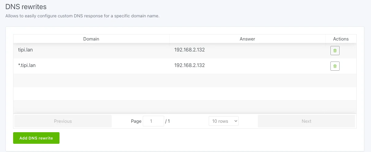 Screenshot of AdGuard Home showing the DNS rewrites section