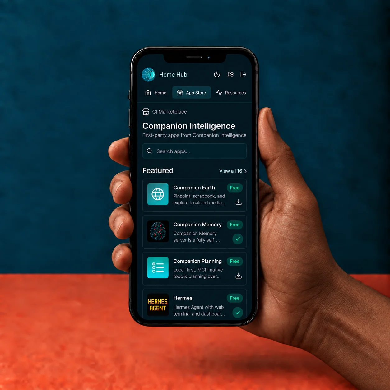 A phone held in one hand showing the Companion Hub App Store: a CI Marketplace section titled Companion Intelligence listing Companion Earth, Companion Memory, Companion Planning, and Hermes, above a Featured section of community apps