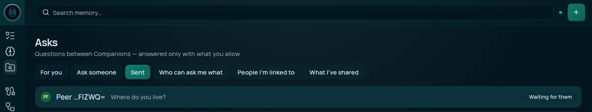 Jordan's Sent tab. The first row is an Ask to Peer …FIZWQ= reading Where do you live? with the status Waiting for them.