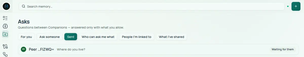 Jordan's Sent tab. The first row is an Ask to Peer …FIZWQ= reading Where do you live? with the status Waiting for them.