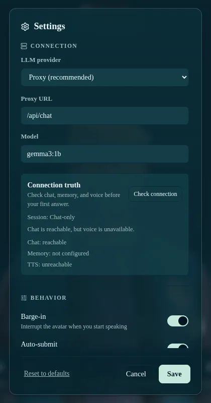 Settings dialog with the Connection section showing the LLM provider set to Proxy (recommended), the Proxy URL, the Model, and a Connection truth panel reading Session: Chat-only, followed by the start of the Behavior section and Cancel and Save buttons