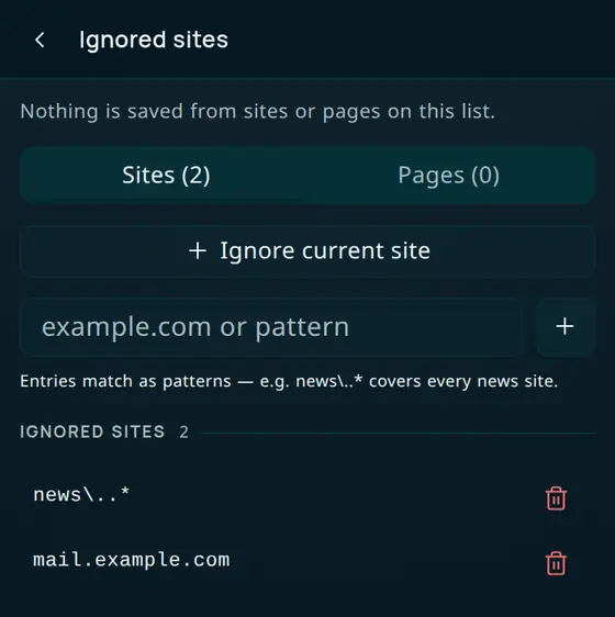 The Ignored sites screen with the Sites tab selected and two example entries, a news pattern and a mail address