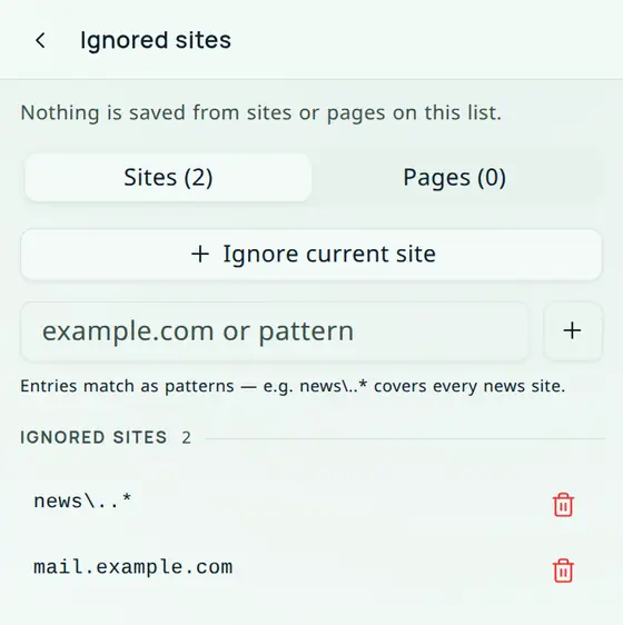The Ignored sites screen with the Sites tab selected and two example entries, a news pattern and a mail address