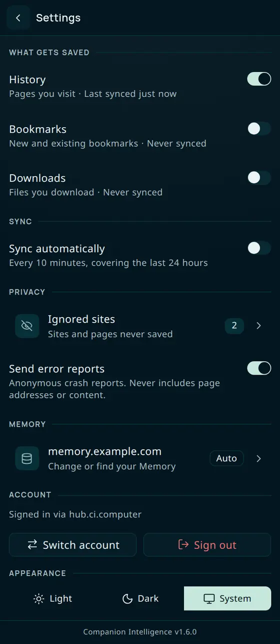 The extension Settings screen listing History on, Bookmarks and Downloads off, Sync automatically off, Ignored sites, Send error reports on, the Memory address with an Auto badge, Switch account, Sign out, and the Light, Dark, and System appearance choices