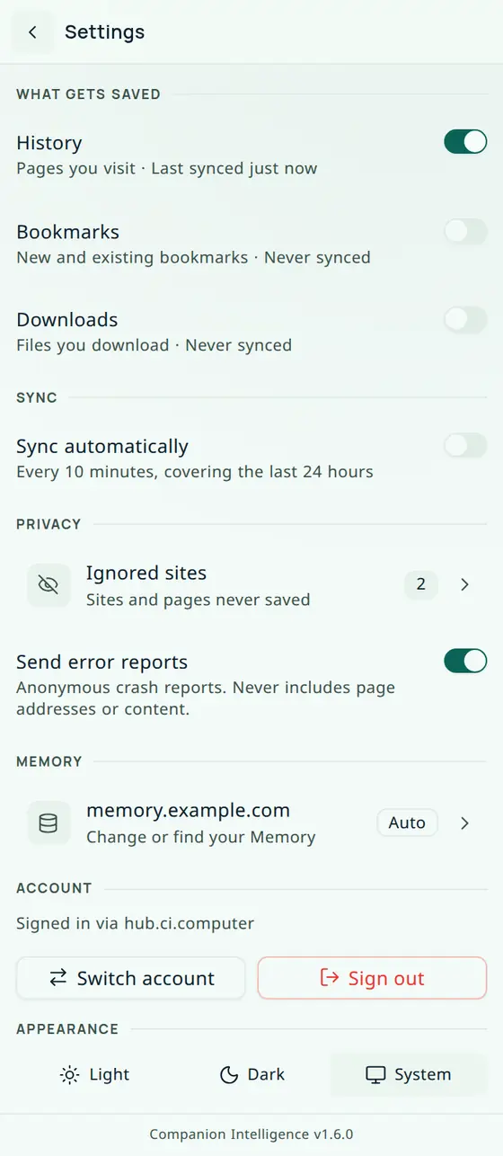 The extension Settings screen listing History on, Bookmarks and Downloads off, Sync automatically off, Ignored sites, Send error reports on, the Memory address with an Auto badge, Switch account, Sign out, and the Light, Dark, and System appearance choices