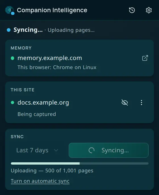 The extension popup during the first sync: the status line reads Syncing, a progress bar sits under the Sync now button, and the text reads Uploading, 500 of 1,001 pages