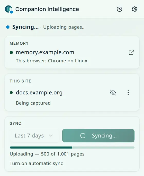 The extension popup during the first sync: the status line reads Syncing, a progress bar sits under the Sync now button, and the text reads Uploading, 500 of 1,001 pages