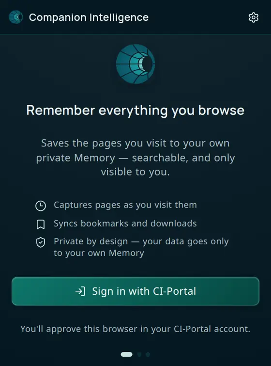 The extension popup before sign-in: the headline Remember everything you browse, three short bullets about what it does, and a Sign in with CI-Portal button