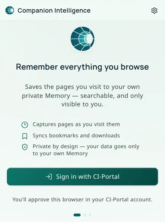 The extension popup before sign-in: the headline Remember everything you browse, three short bullets about what it does, and a Sign in with CI-Portal button