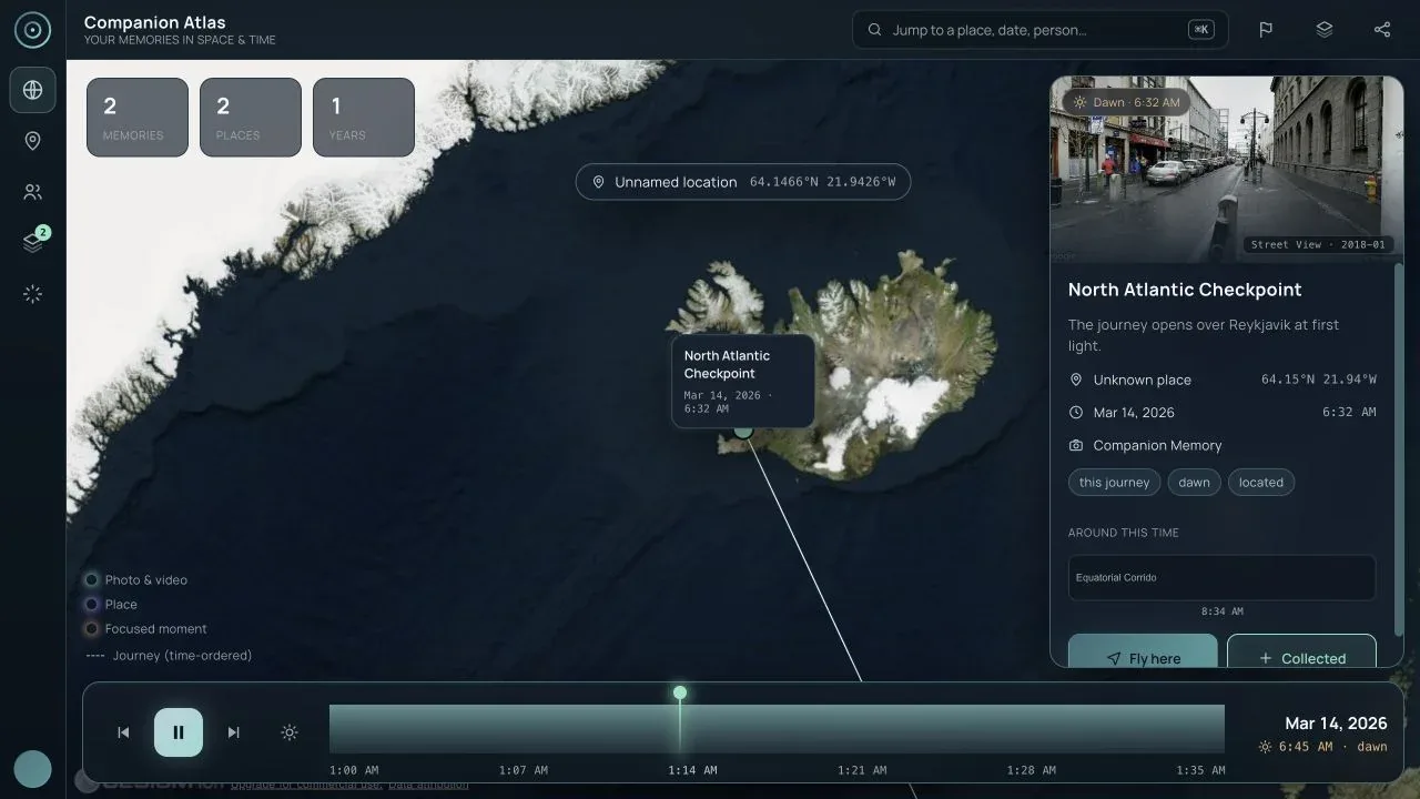 Companion Atlas desktop curated journey shell with collected memories