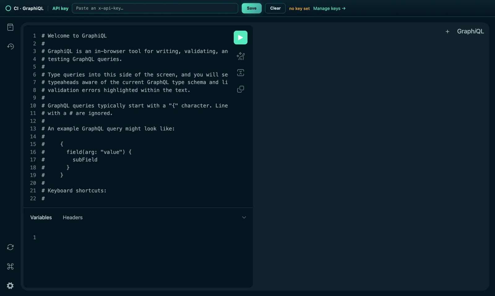 The Companion Memory GraphiQL playground. A top bar for pasting an API key sits above the schema explorer and the query editor, with a Run button.