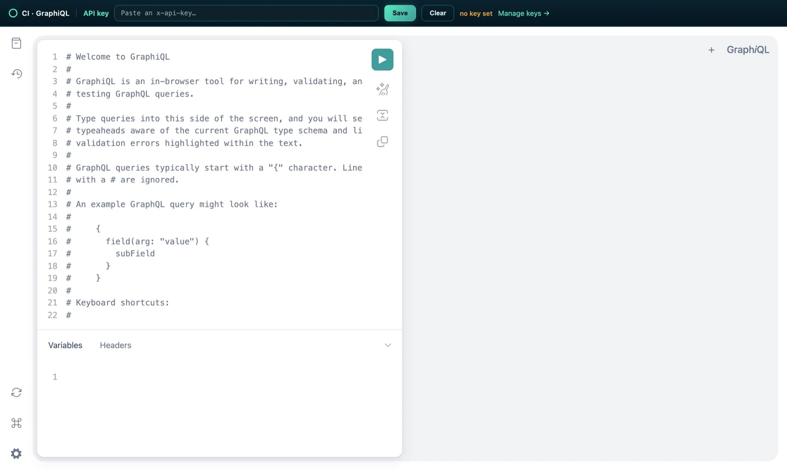 The Companion Memory GraphiQL playground. A top bar for pasting an API key sits above the schema explorer and the query editor, with a Run button.