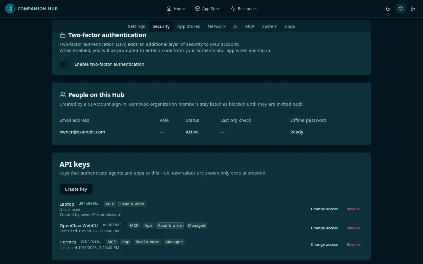 Companion Hub Settings → Security. Below the two-factor authentication and People on this Hub cards, the API keys card has a Create key button and three rows: Laptop, a key created by the signed-in account (MCP and Read & write chips, with a Created by line), and the app-managed keys OpenClaw WebCLI and Hermes (MCP, App, Read & write, and Managed chips, with last-used times). Each row shows a redacted key prefix and Change access and Revoke actions