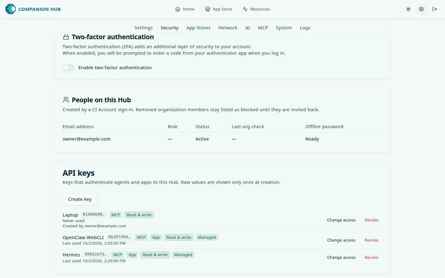 Companion Hub Settings → Security. Below the two-factor authentication and People on this Hub cards, the API keys card has a Create key button and three rows: Laptop, a key created by the signed-in account (MCP and Read & write chips, with a Created by line), and the app-managed keys OpenClaw WebCLI and Hermes (MCP, App, Read & write, and Managed chips, with last-used times). Each row shows a redacted key prefix and Change access and Revoke actions