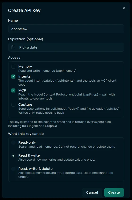Companion Memory Create API Key dialog — a Name field reading openclaw, an optional expiration date, an Access group with Memory unticked and Intents and MCP ticked, and a What this key can do group with Read-only, Read & write (selected), and Read, write & delete