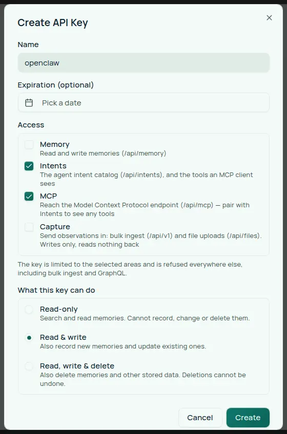 Companion Memory Create API Key dialog — a Name field reading openclaw, an optional expiration date, an Access group with Memory unticked and Intents and MCP ticked, and a What this key can do group with Read-only, Read & write (selected), and Read, write & delete