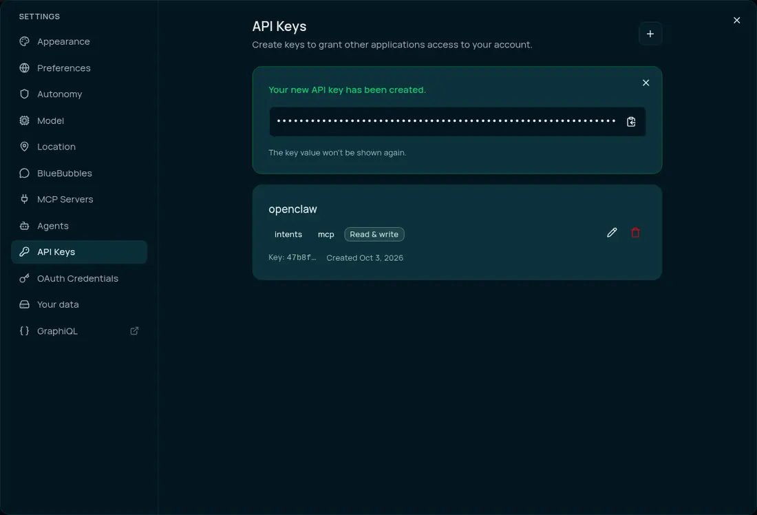 Companion Memory API Keys panel after creating a key. A green confirmation reads Your new API key has been created, with the key value hidden behind dots and a copy button, and the note The key value won't be shown again. Below it the new openclaw key is listed with intents, mcp and Read & write chips and a short key prefix.