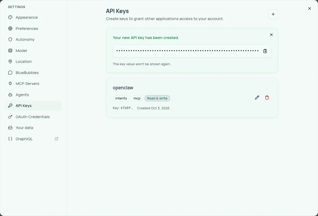 Companion Memory API Keys panel after creating a key. A green confirmation reads Your new API key has been created, with the key value hidden behind dots and a copy button, and the note The key value won't be shown again. Below it the new openclaw key is listed with intents, mcp and Read & write chips and a short key prefix.