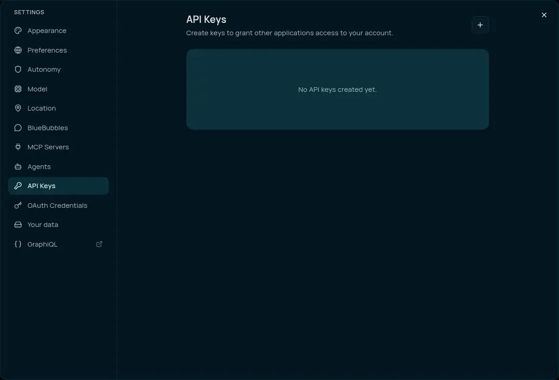 Companion Memory Settings → API Keys. A list of settings sections down the left runs from Appearance to GraphiQL, with API Keys selected. The API Keys panel has a plus button in the top right and an empty state reading No API keys created yet.
