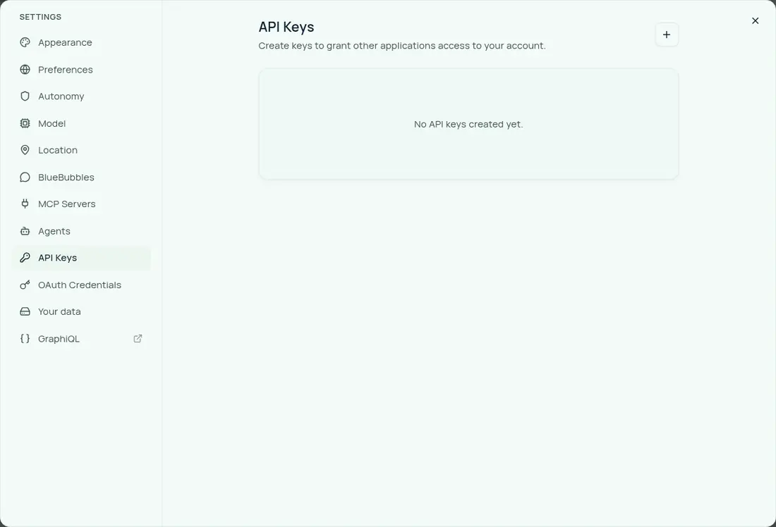 Companion Memory Settings → API Keys. A list of settings sections down the left runs from Appearance to GraphiQL, with API Keys selected. The API Keys panel has a plus button in the top right and an empty state reading No API keys created yet.