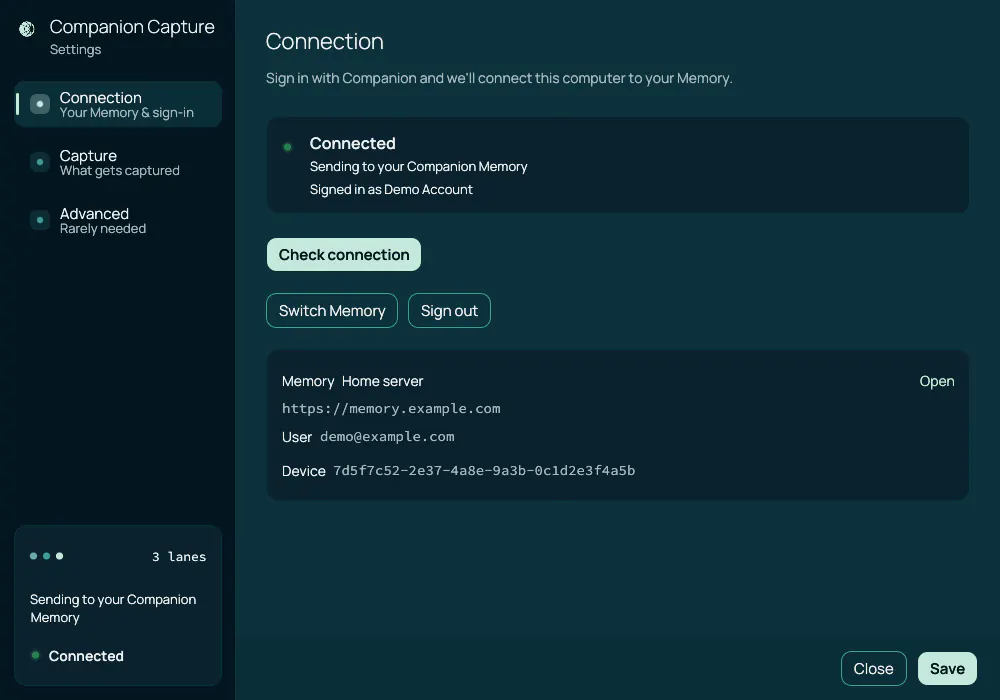 The Settings window on the Connection tab, signed in and connected: Connected, Sending to your Companion Memory, Signed in as an example account, buttons for Check connection, Switch Memory, and Sign out, and a card with the Memory name, address, user, and device id
