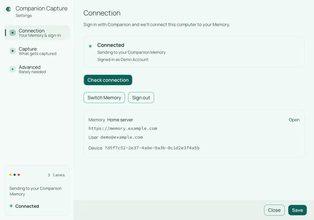 The Settings window on the Connection tab, signed in and connected: Connected, Sending to your Companion Memory, Signed in as an example account, buttons for Check connection, Switch Memory, and Sign out, and a card with the Memory name, address, user, and device id