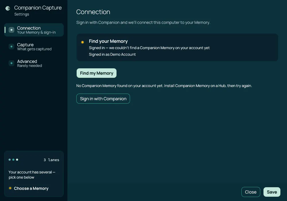 The Settings window on the Connection tab when you are signed in but no Memory address is saved: Find your Memory, Signed in, we couldn't find a Companion Memory on your account yet, with a Find my Memory button and a Sign in with Companion button