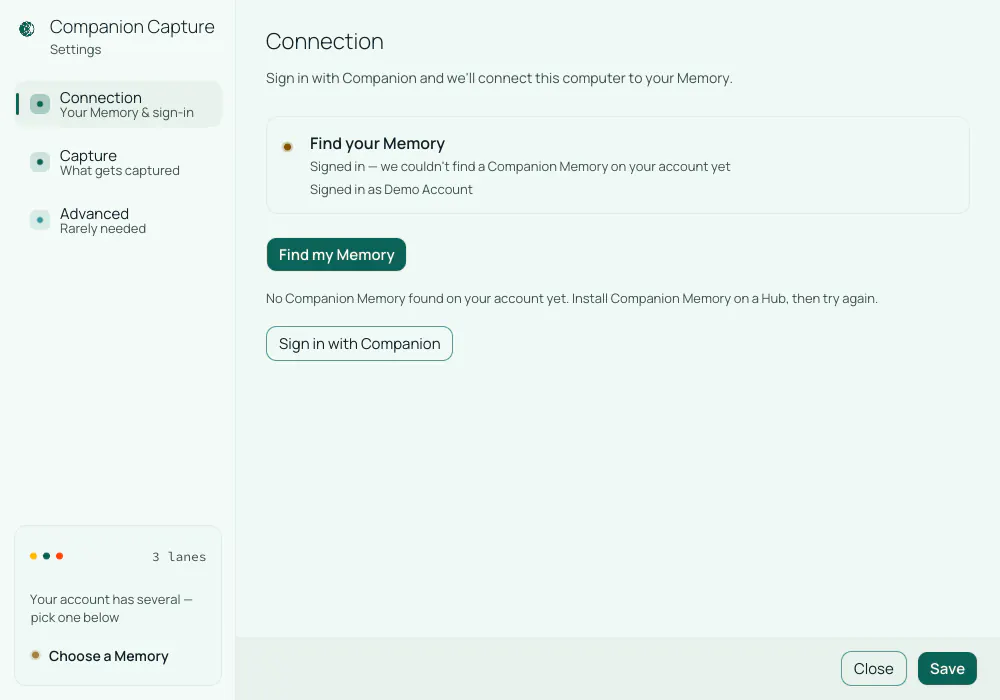 The Settings window on the Connection tab when you are signed in but no Memory address is saved: Find your Memory, Signed in, we couldn't find a Companion Memory on your account yet, with a Find my Memory button and a Sign in with Companion button