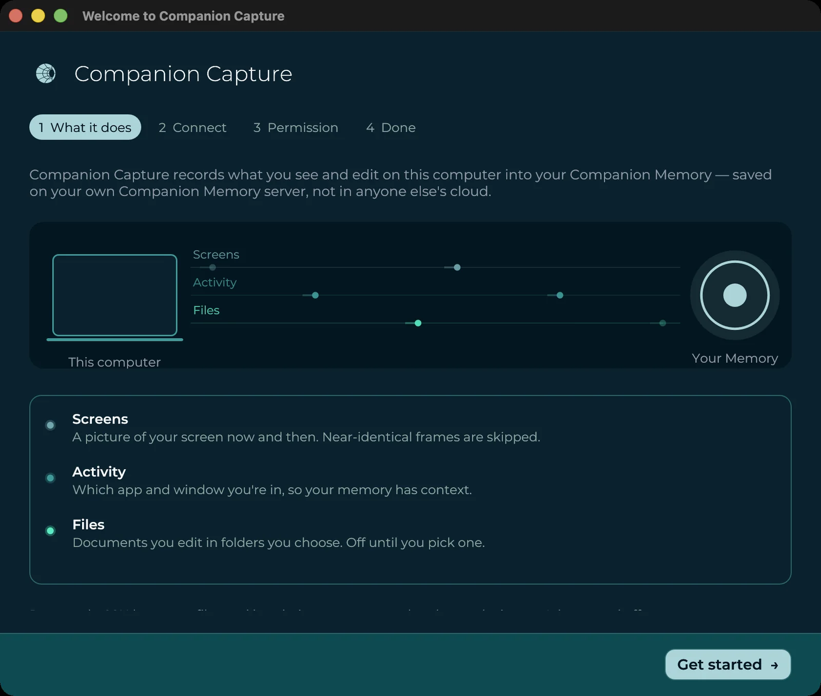 Welcome to Companion Capture, the first setup assistant step: a four-step progress row (What it does, Connect, Permission, Done), an animation of Screens, Activity, and Files flowing from this computer to your Memory, and a Get started button