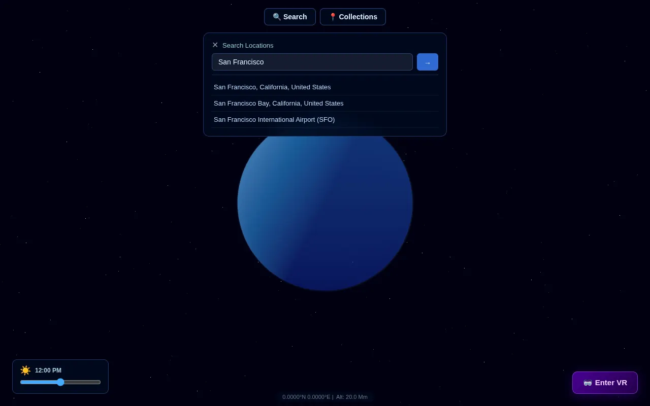 The Search Locations panel open over the globe, with the text San Francisco entered and three example results listed below it