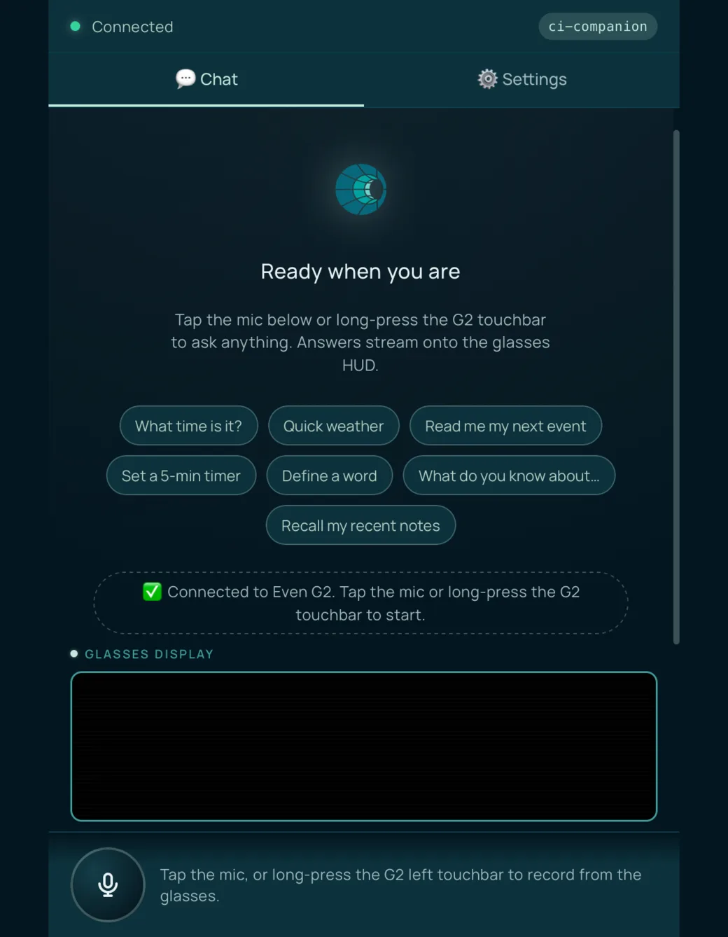 The Even Realities companion app, chat tab