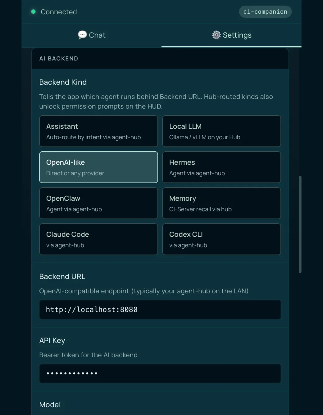 CI Companion Settings tab — the AI Backend card with eight Backend Kind cards (Assistant, Local LLM, OpenAI-like, Hermes, OpenClaw, Memory, Claude Code, Codex CLI), followed by Backend URL and API Key fields