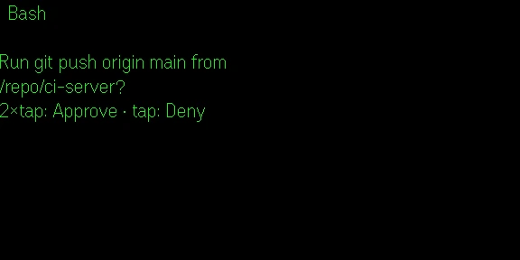 G2 HUD frame in the Even Hub simulator — an approval card with the tool name Bash, a sample question about running a git push, and the footer 2×tap: Approve · tap: Deny