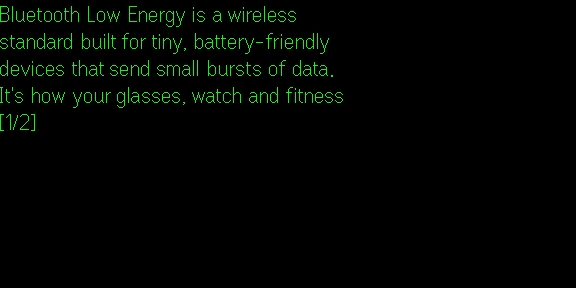G2 HUD frame in the Even Hub simulator — four lines of green text on black, then a [1/2] page indicator on the fifth line