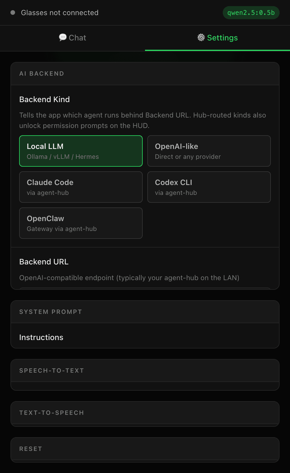 CI Companion Settings β Backend Kind picker with Local LLM selected
