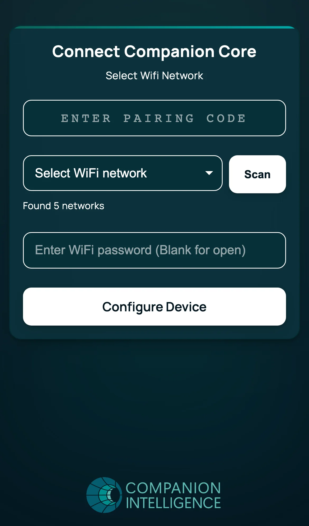 Connect Companion Core — first-boot form with a pairing-code field, WiFi network selector, Scan button, and Configure Device button