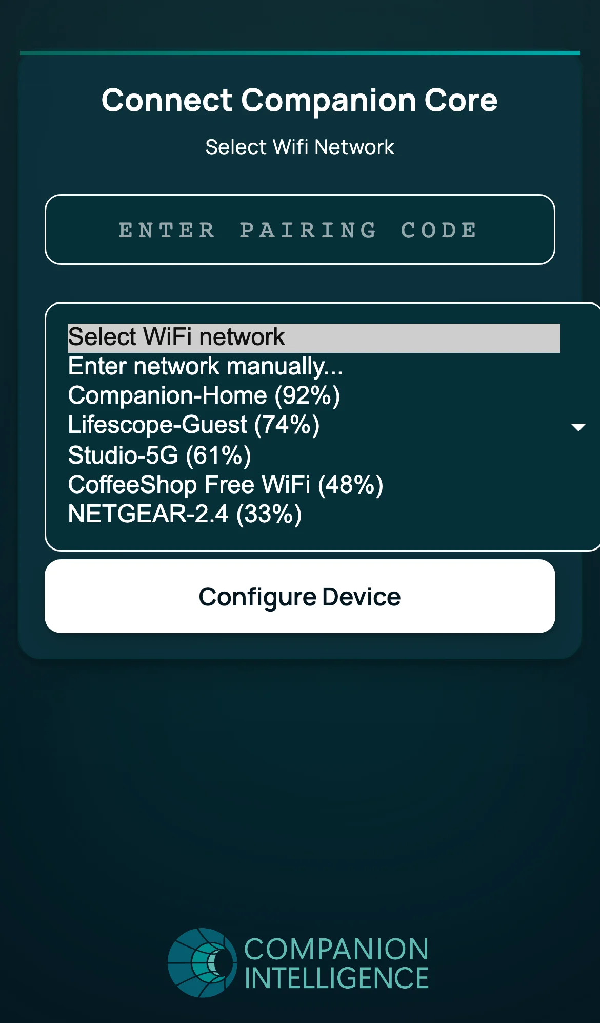 Connect Companion Core — expanded WiFi network list sorted by signal strength, with signal percentage beside each SSID