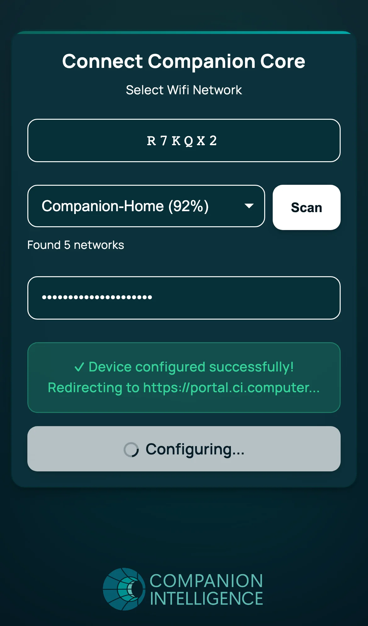 Connect Companion Core — success banner reading Device configured successfully, with the Configure Device button showing a Configuring… spinner