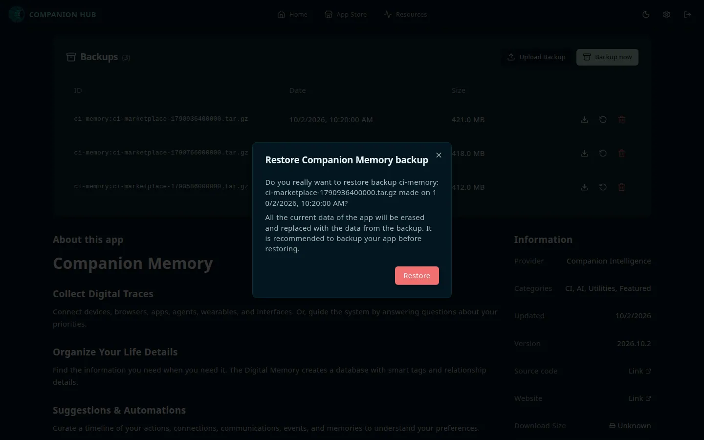 A dialog titled Restore Companion Memory backup, over the Backups card. It asks whether you really want to restore the named backup file, warns that all the current data of the app will be erased and replaced with the data from the backup, and has a red Restore button