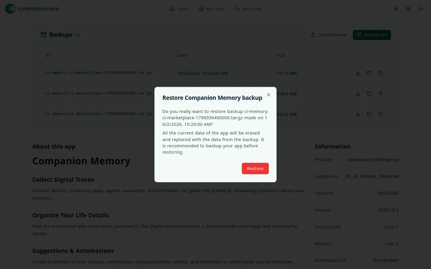 A dialog titled Restore Companion Memory backup, over the Backups card. It asks whether you really want to restore the named backup file, warns that all the current data of the app will be erased and replaced with the data from the backup, and has a red Restore button