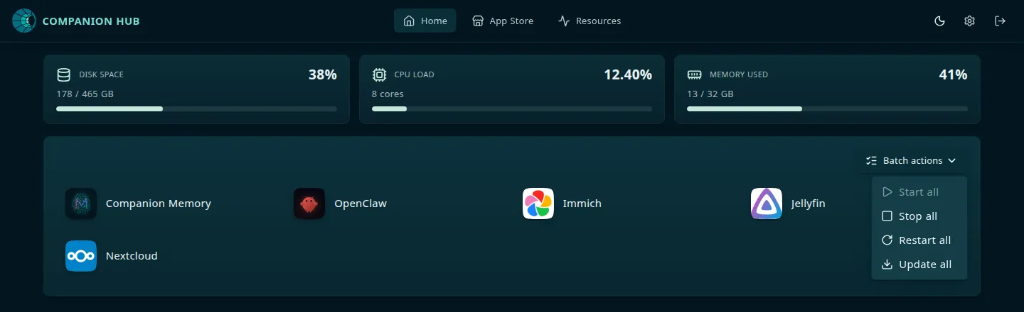 The Home dashboard with the Batch actions menu open, listing Start all (greyed out), Stop all, Restart all, and Update all above the installed app tiles
