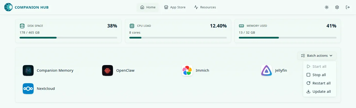 The Home dashboard with the Batch actions menu open, listing Start all (greyed out), Stop all, Restart all, and Update all above the installed app tiles