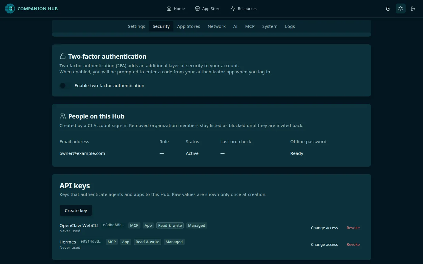 Companion Hub Settings, Security tab: the API keys card lists OpenClaw WebCLI and Hermes, each with the start of its key and chips for MCP, App, Read & write, and Managed, and with Change access and Revoke buttons